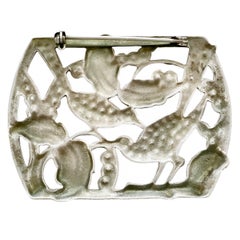 Silver Tone Bird and Tree Design Brooch with Rhinestone and Enamel Detail