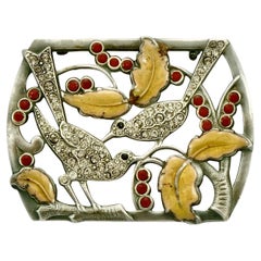 Vintage Silver Tone Bird and Tree Design Brooch with Rhinestone and Enamel Detail 