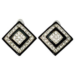 Vintage Silver Tone Black Enamel and Rhinestone Clip On Statement Earrings
