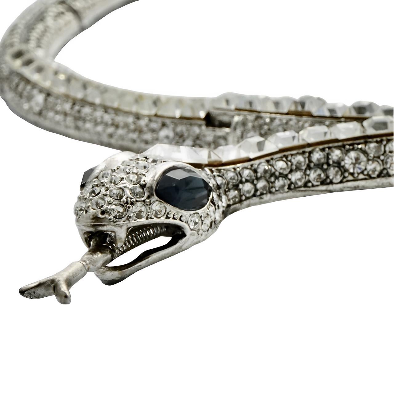 Silver Tone Black Enamel and Rhinestones Snake Link Collar Necklace For Sale 2