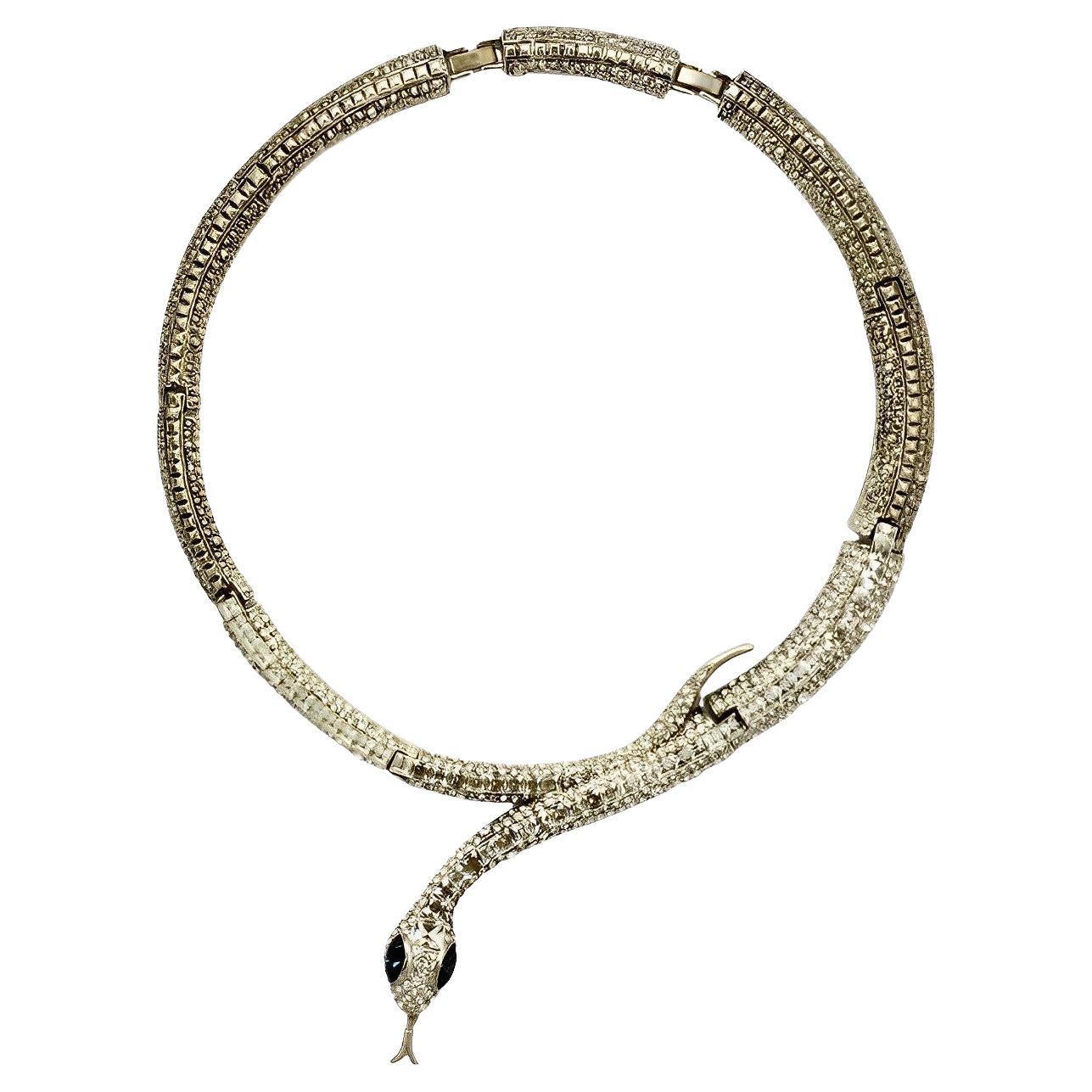 Silver Tone Black Enamel and Rhinestones Snake Link Collar Necklace