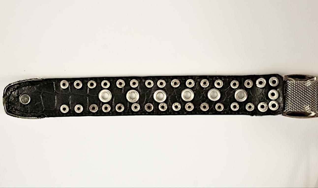 Silver Tone Black Leather and Mesh Link Belt circa 1980s For Sale 6