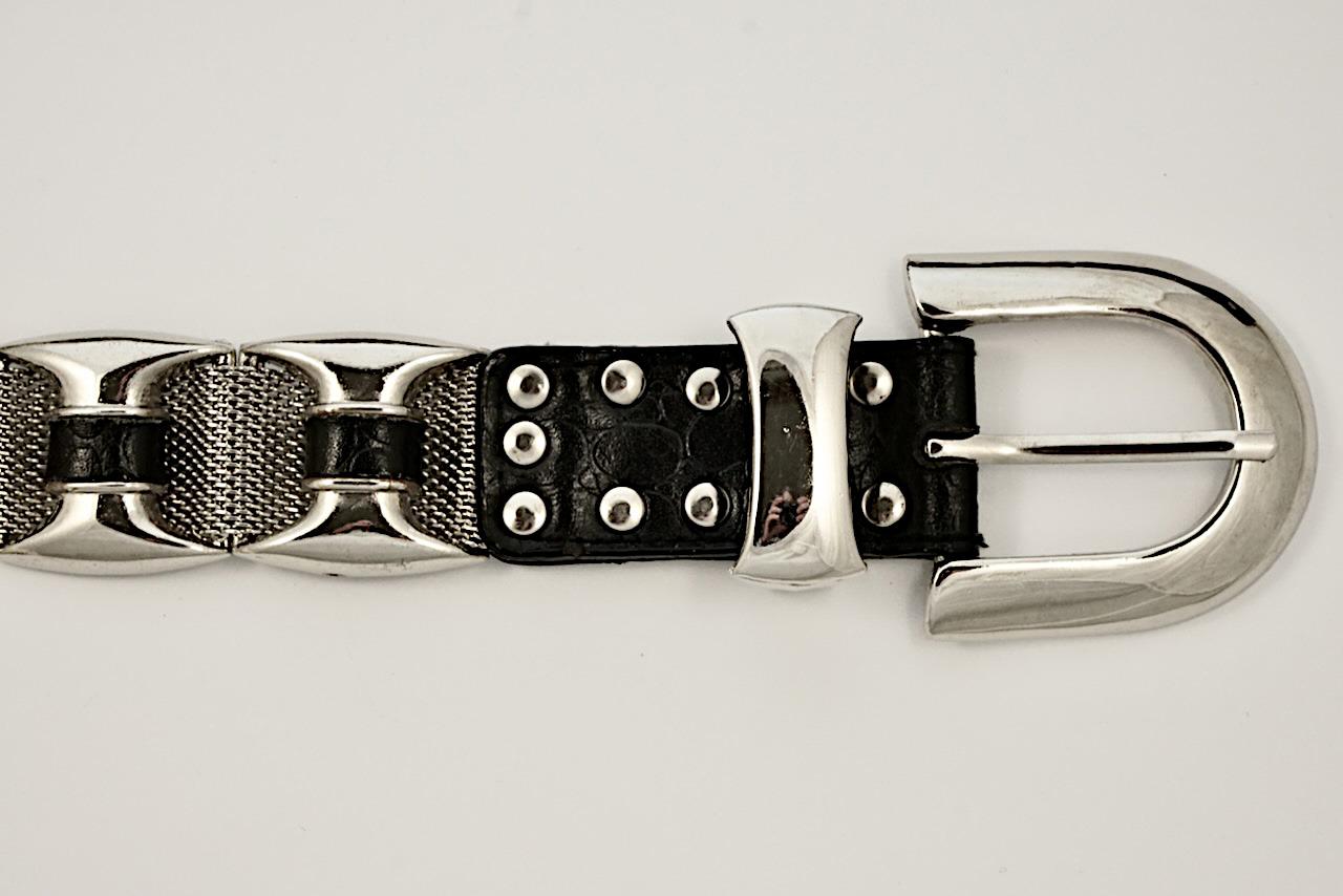Silver Tone Black Leather and Mesh Link Belt circa 1980s For Sale 1
