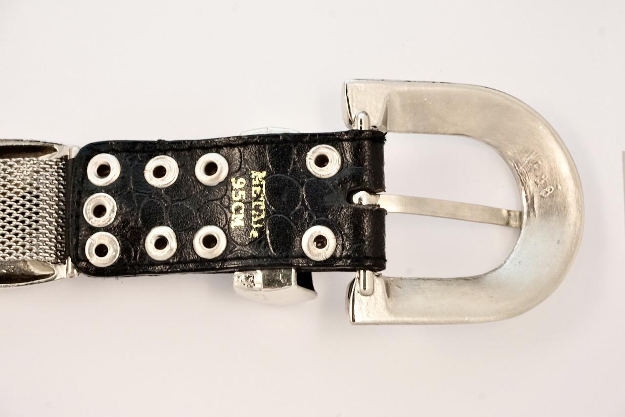 Silver Tone Black Leather and Mesh Link Belt circa 1980s For Sale 3