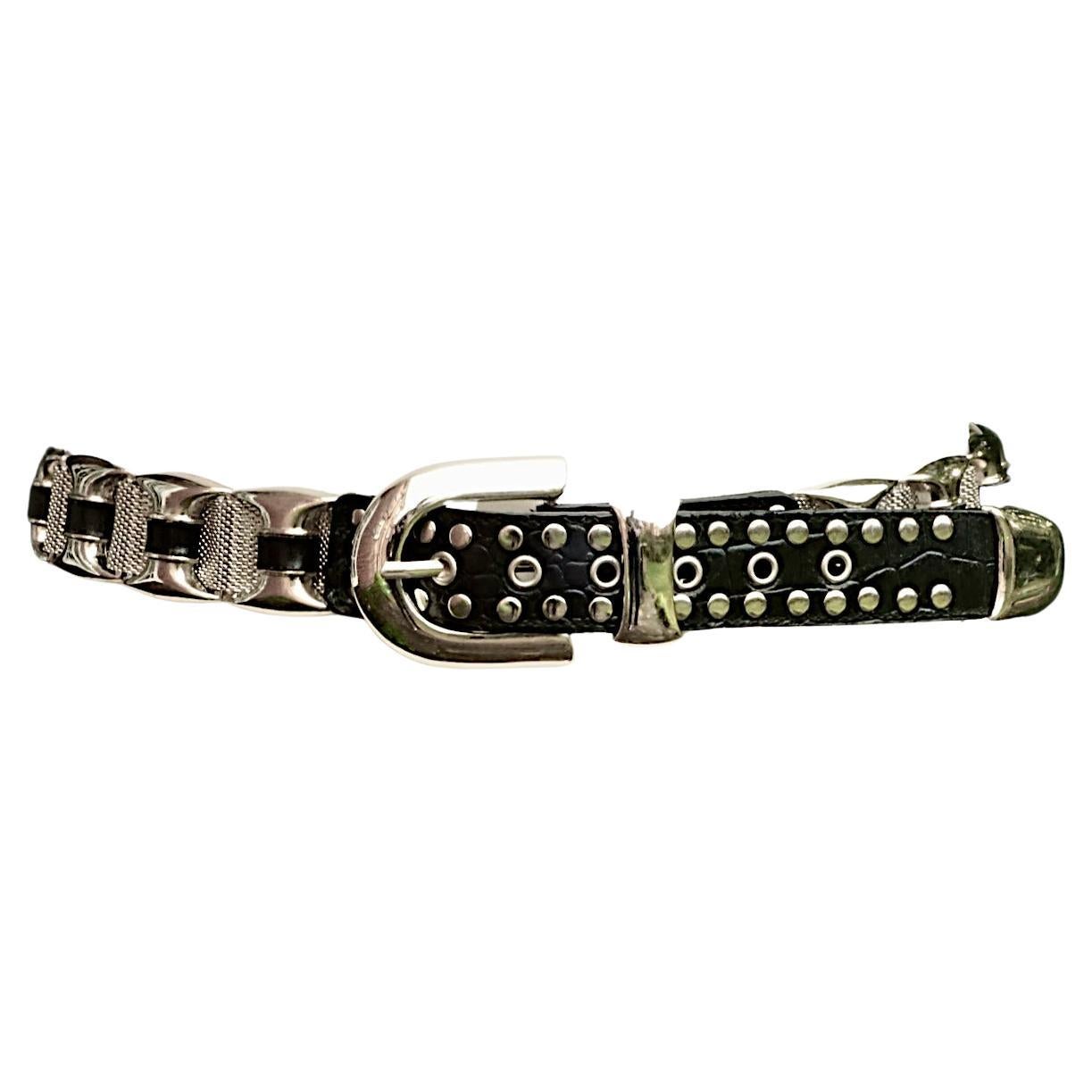 Silver Tone Black Leather and Mesh Link Belt circa 1980s For Sale