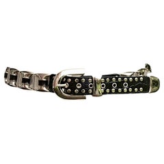 Vintage Silver Tone Black Leather and Mesh Link Belt circa 1980s