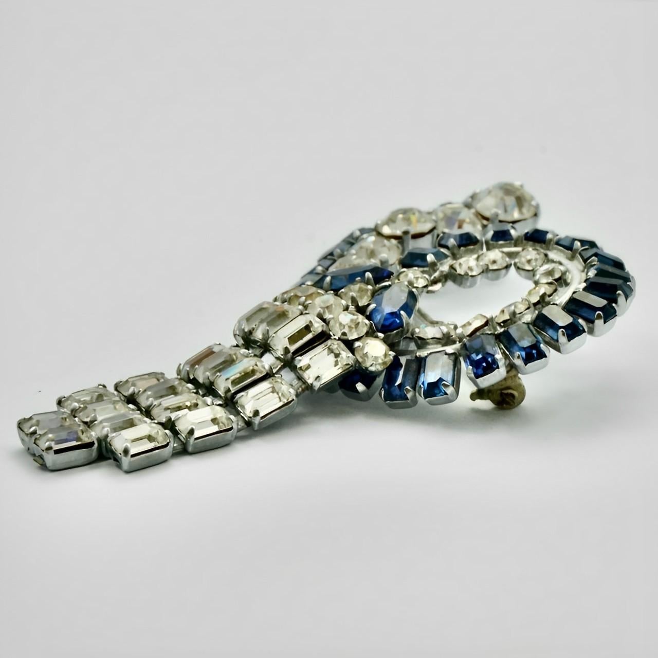 Silver Tone Brooch with Mid Blue and Clear Rhinestones circa 1960s In Good Condition For Sale In London, GB
