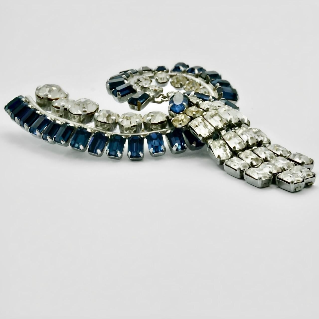 Women's or Men's Silver Tone Brooch with Mid Blue and Clear Rhinestones circa 1960s For Sale