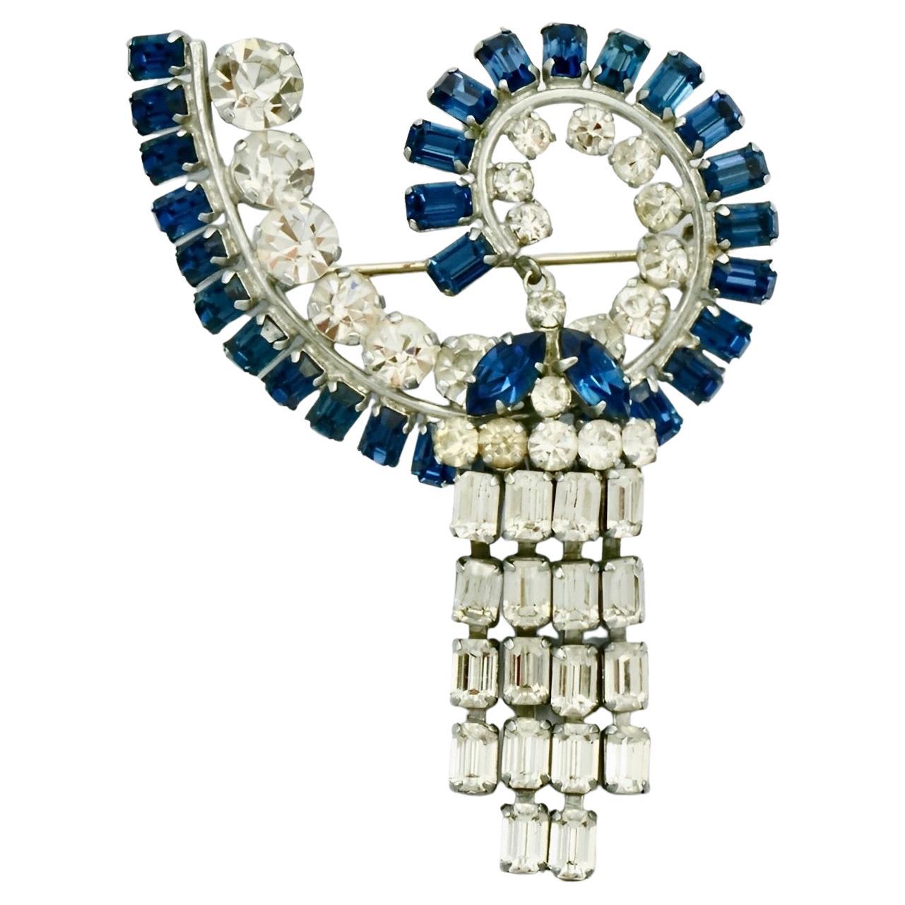 Silver Tone Brooch with Mid Blue and Clear Rhinestones circa 1960s For Sale