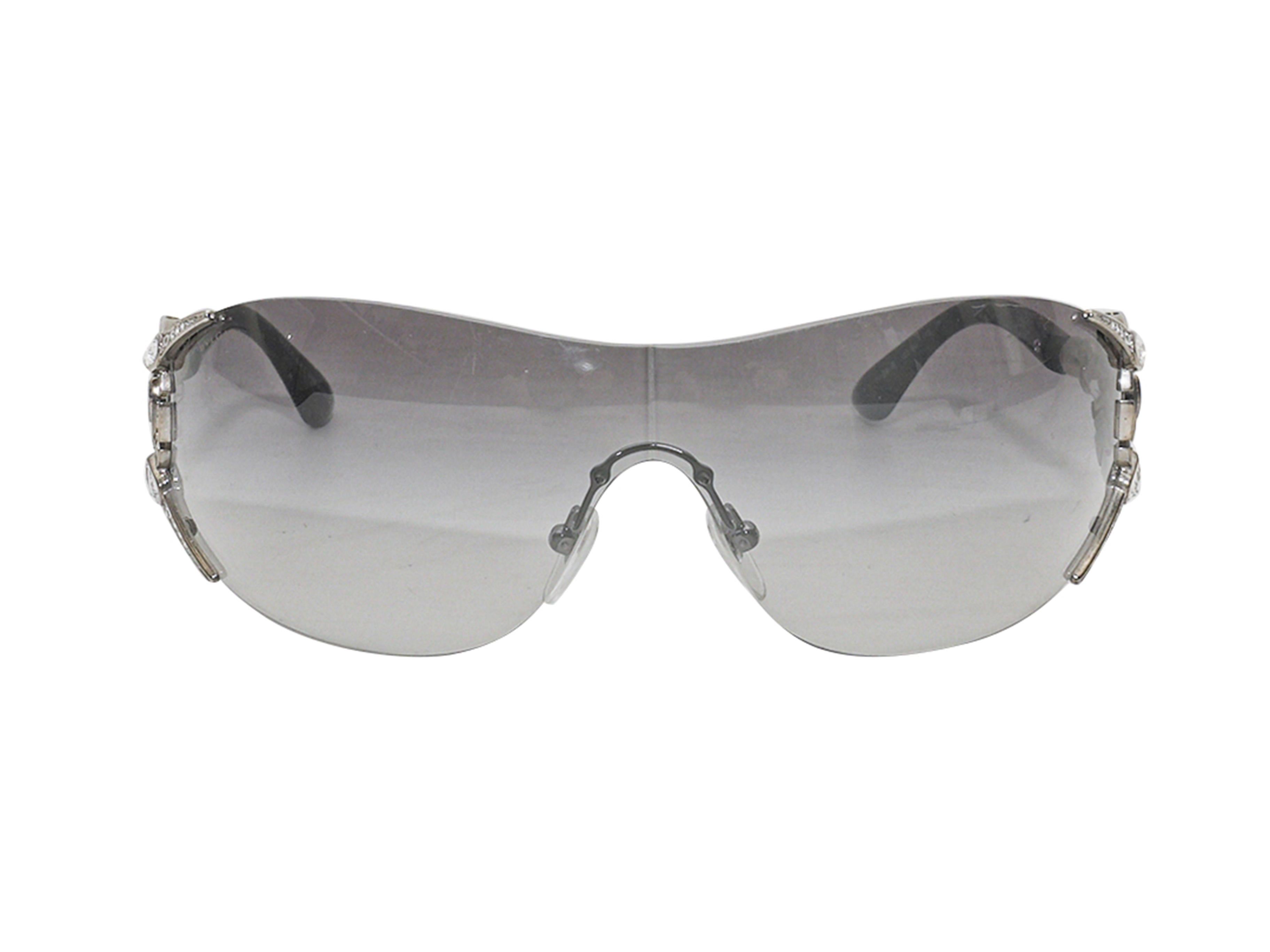 Product Details: Silver-tone metal and crystal-embellished wrap shield sunglasses by Bvlgari. Adjustable nose pads. Grey tinted lenses. 2