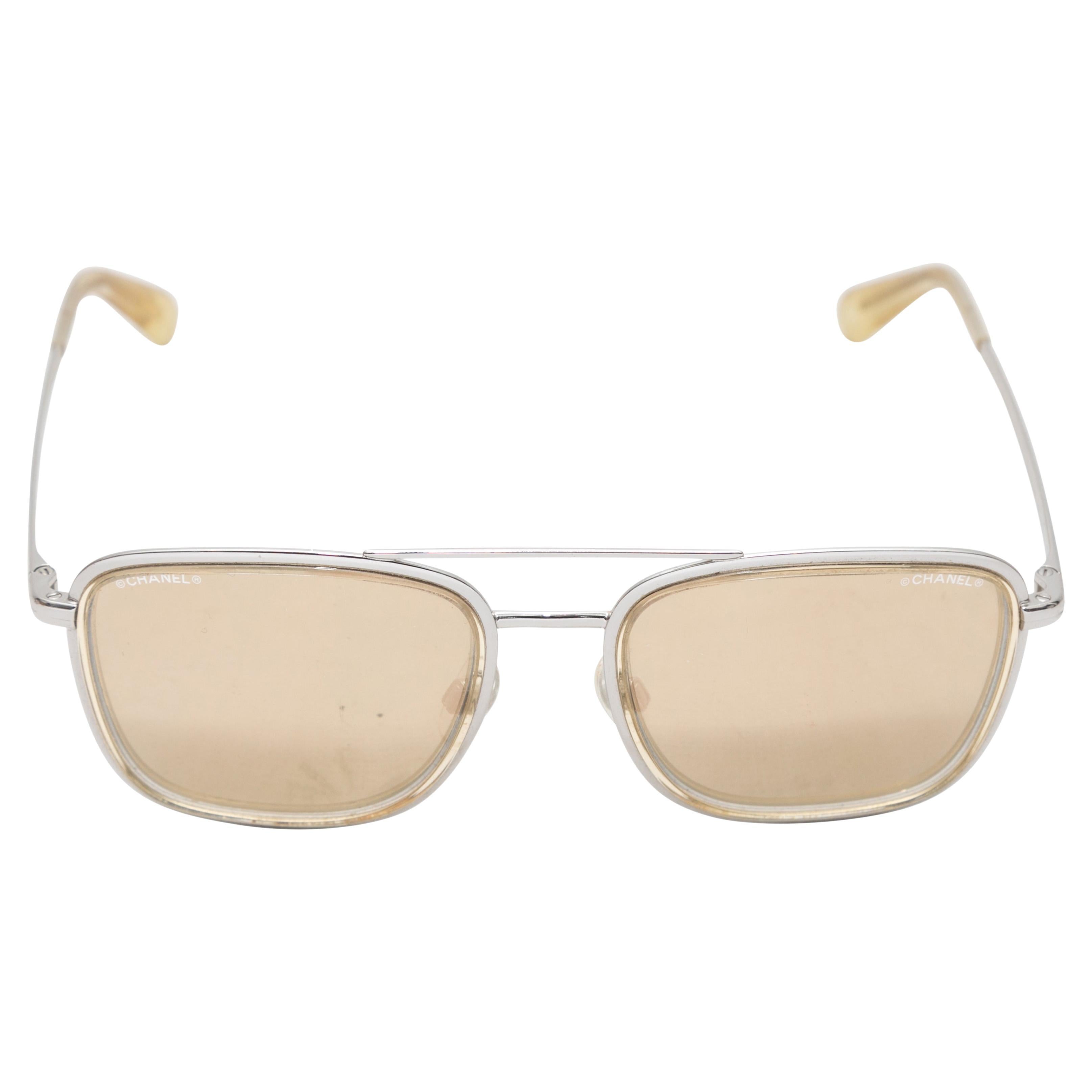 Silver-Tone Chanel Aviator Sunglasses For Sale