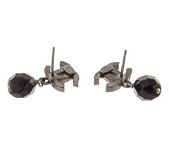 Silver-tone Chanel earrings CC logo with Black Crystal Drop, stud closure