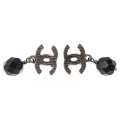 Silver-tone Chanel earrings CC logo with Black Crystal Drop, stud closure