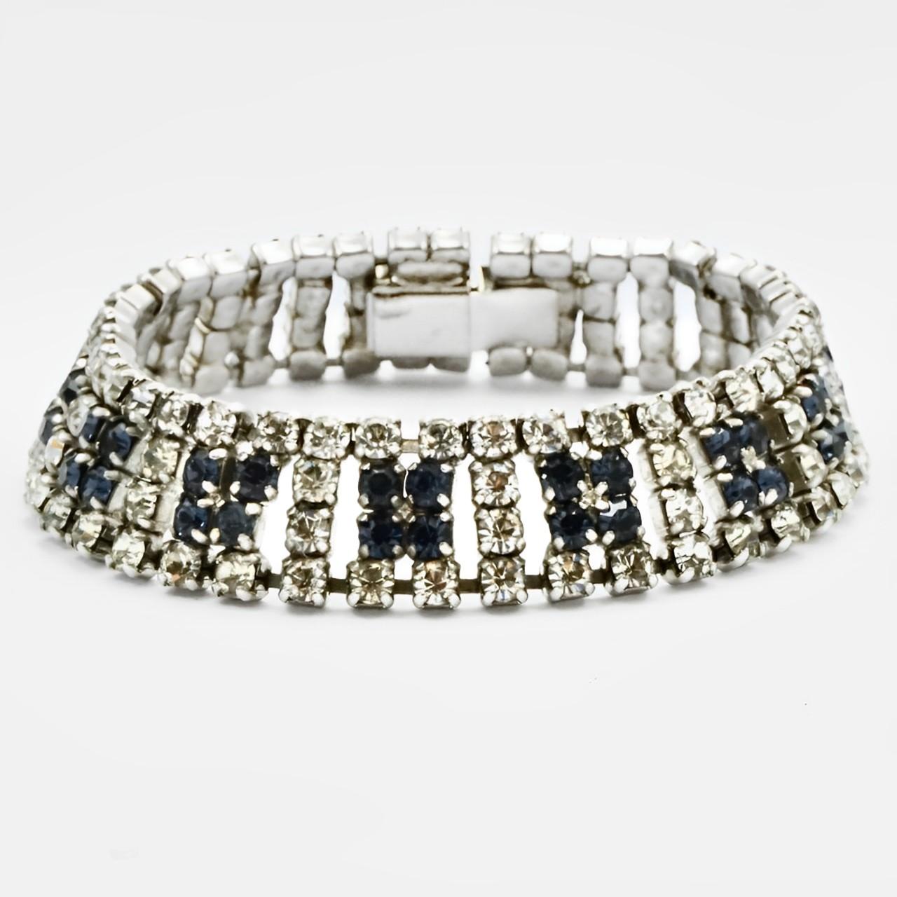 Women's or Men's Silver Tone Clear and Blue Rhinestones Bracelet circa 1950s For Sale