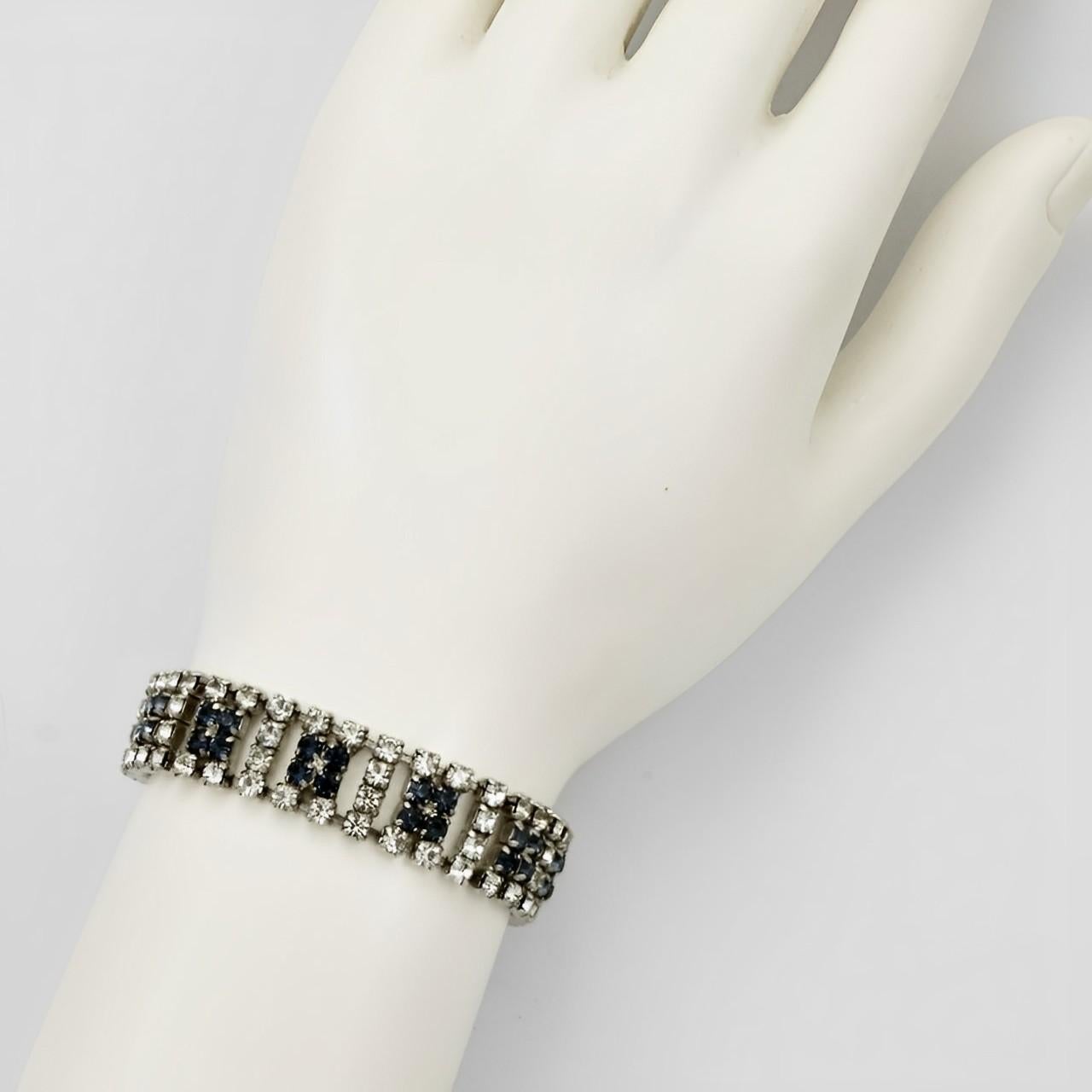 Silver Tone Clear and Blue Rhinestones Bracelet circa 1950s For Sale 1