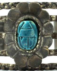 Silver Tone Egyptian Revival Faience Scarab Cuff Bangle Bracelet circa 1970s
