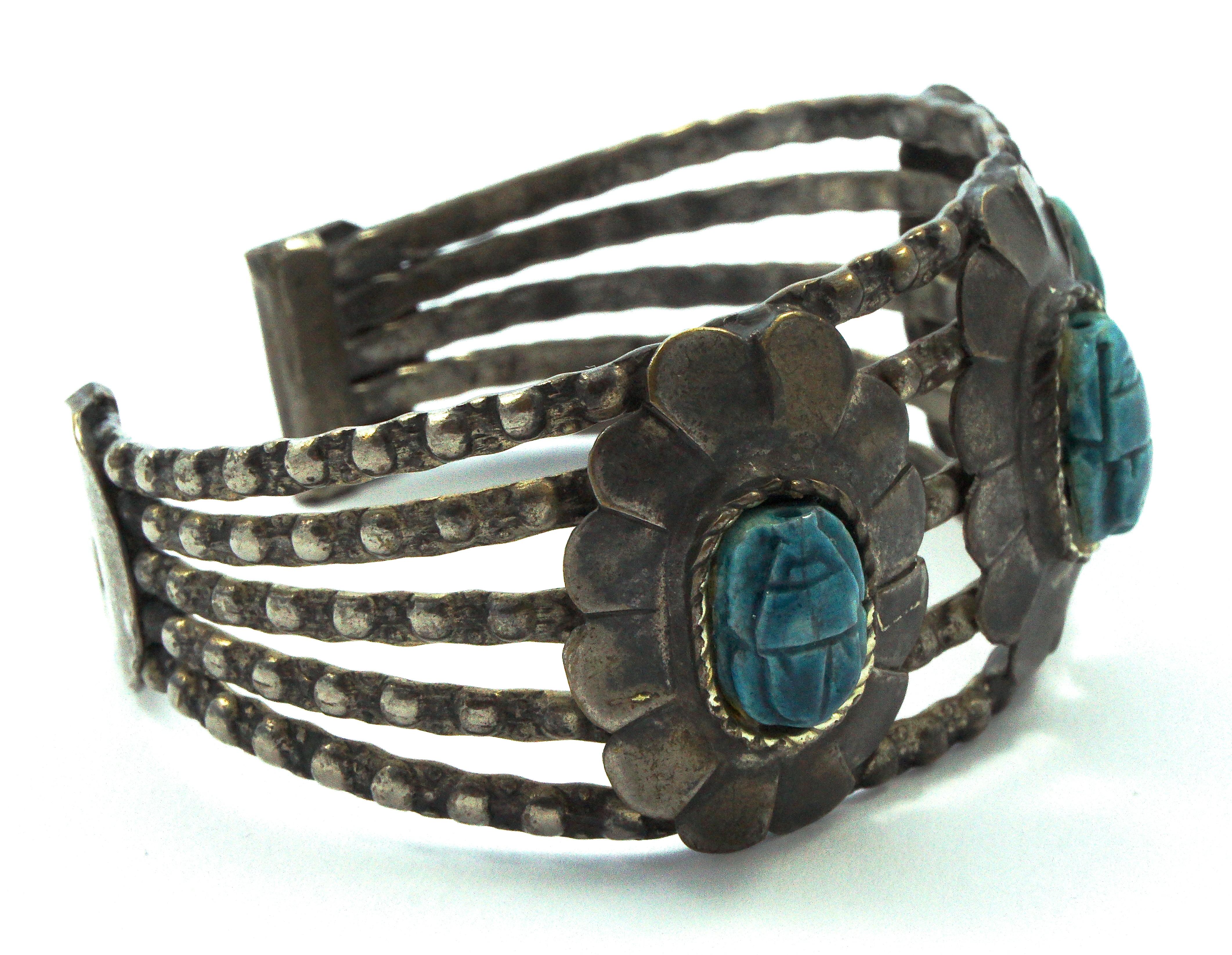Women's or Men's Silver Tone Egyptian Revival Faience Scarab Cuff Bangle Bracelet circa 1970s
