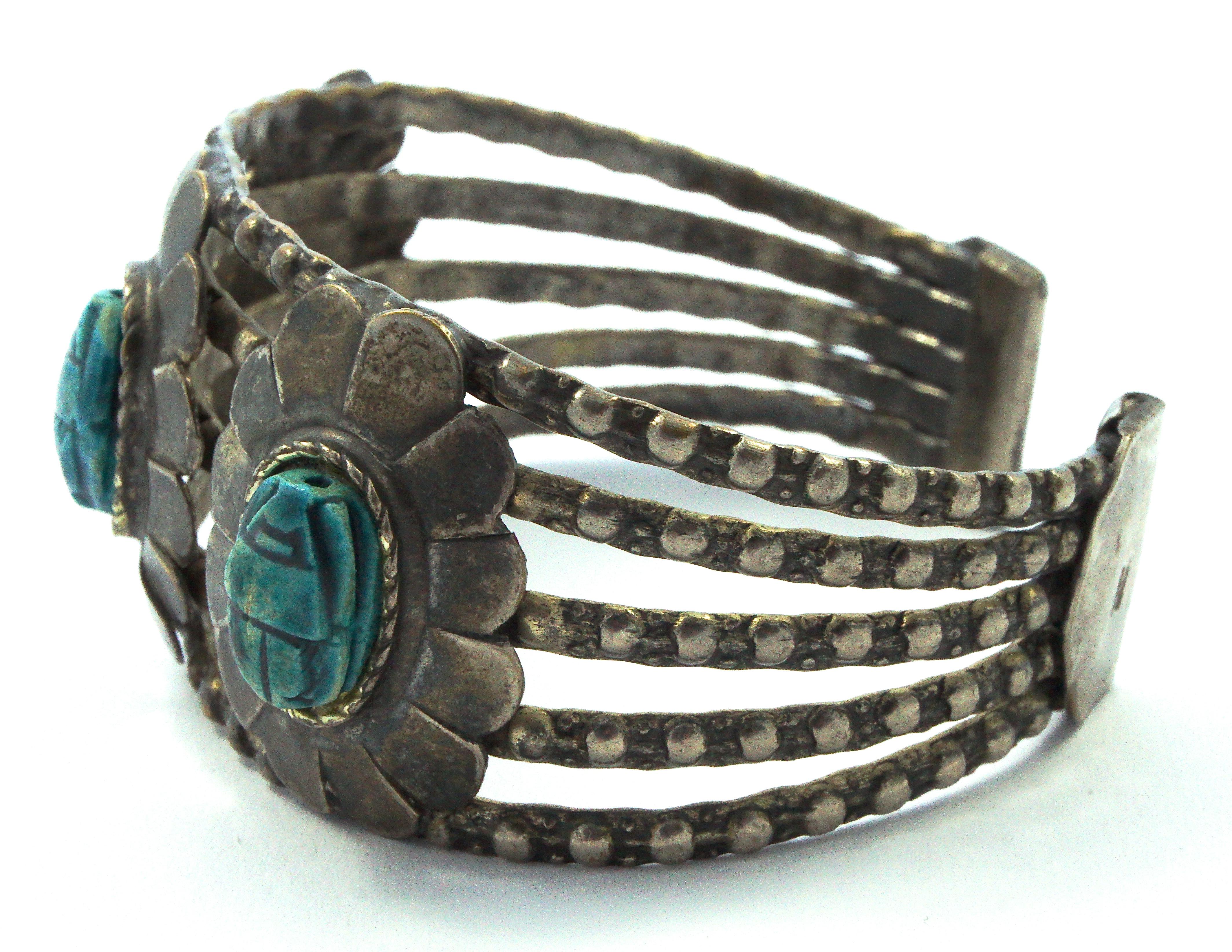 Silver Tone Egyptian Revival Faience Scarab Cuff Bangle Bracelet circa 1970s 1