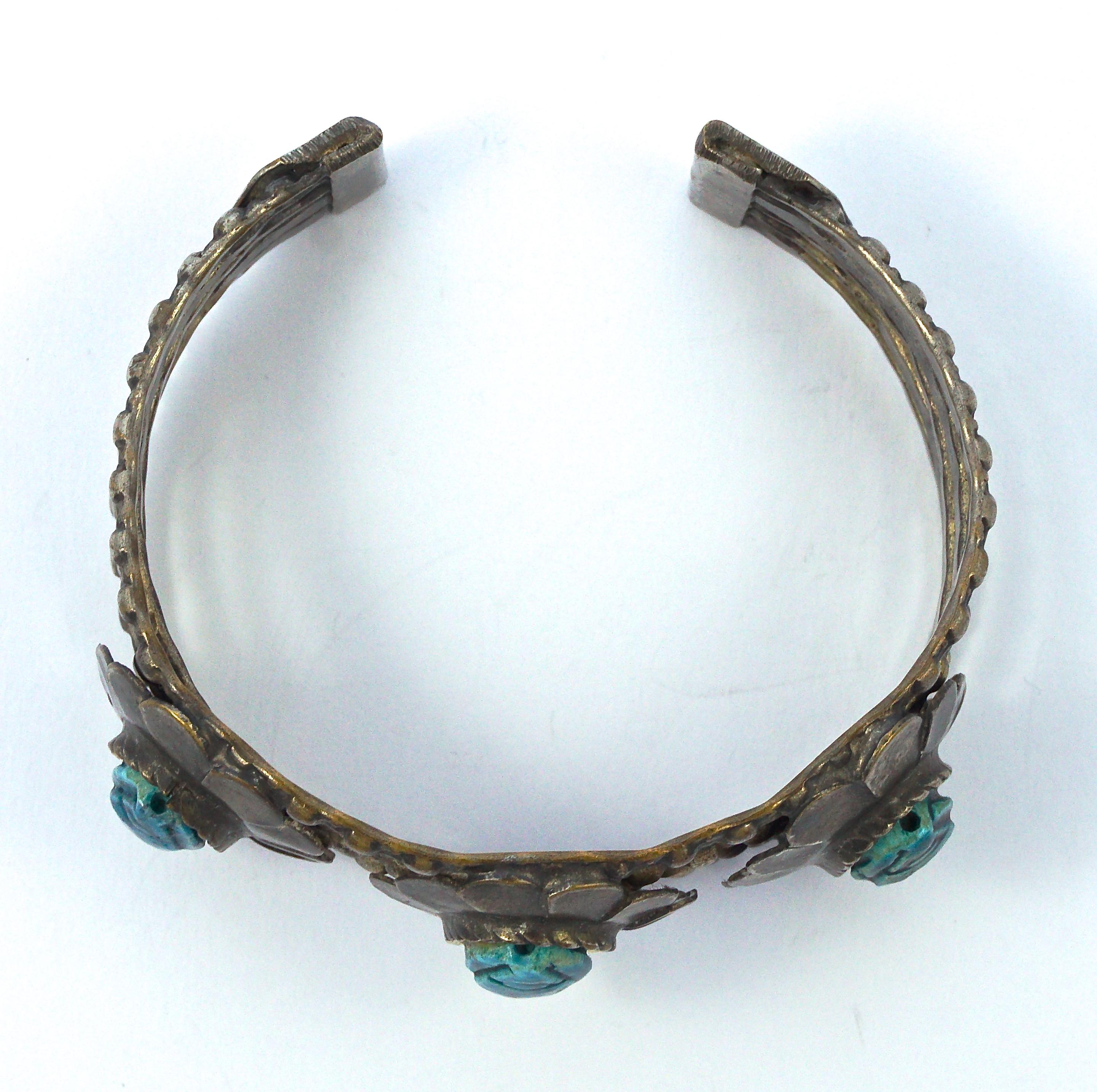 Silver Tone Egyptian Revival Faience Scarab Cuff Bangle Bracelet circa 1970s 2