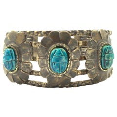 Vintage Silver Tone Egyptian Revival Faience Scarab Cuff Bangle Bracelet circa 1970s