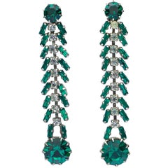 Silver Tone Emerald Green and Clear Rhinestones Vintage Clip On Dangle Earrings