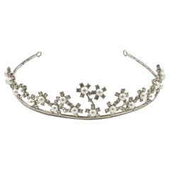 Vintage Silver Tone Faux Pearl and Clear Rhinestone Tiara circa 1950s