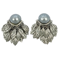 Retro Silver Tone Grey Baroque Pearl Feather and Chain Drop Clip On Earrings