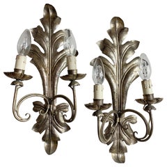 Vintage Silver Tone Handcrafted Metal Leaf Wall Lights, circa 1950s