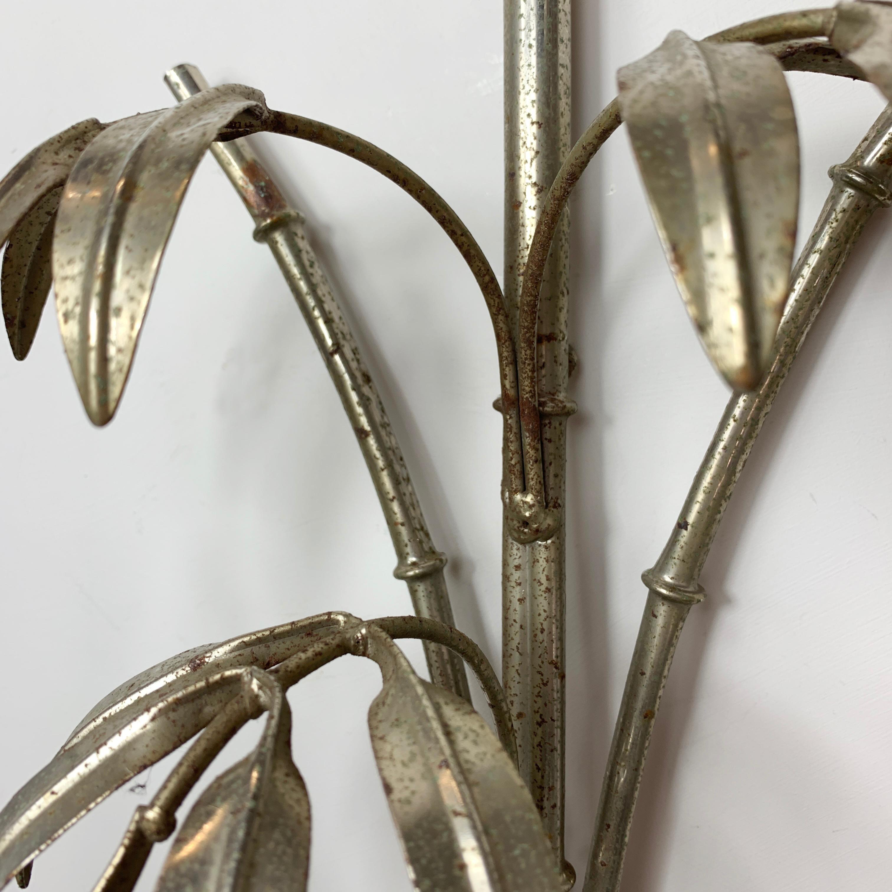 Silver Tone Hans Kogl Bamboo and Palm Leaf Wall Lights For Sale 5