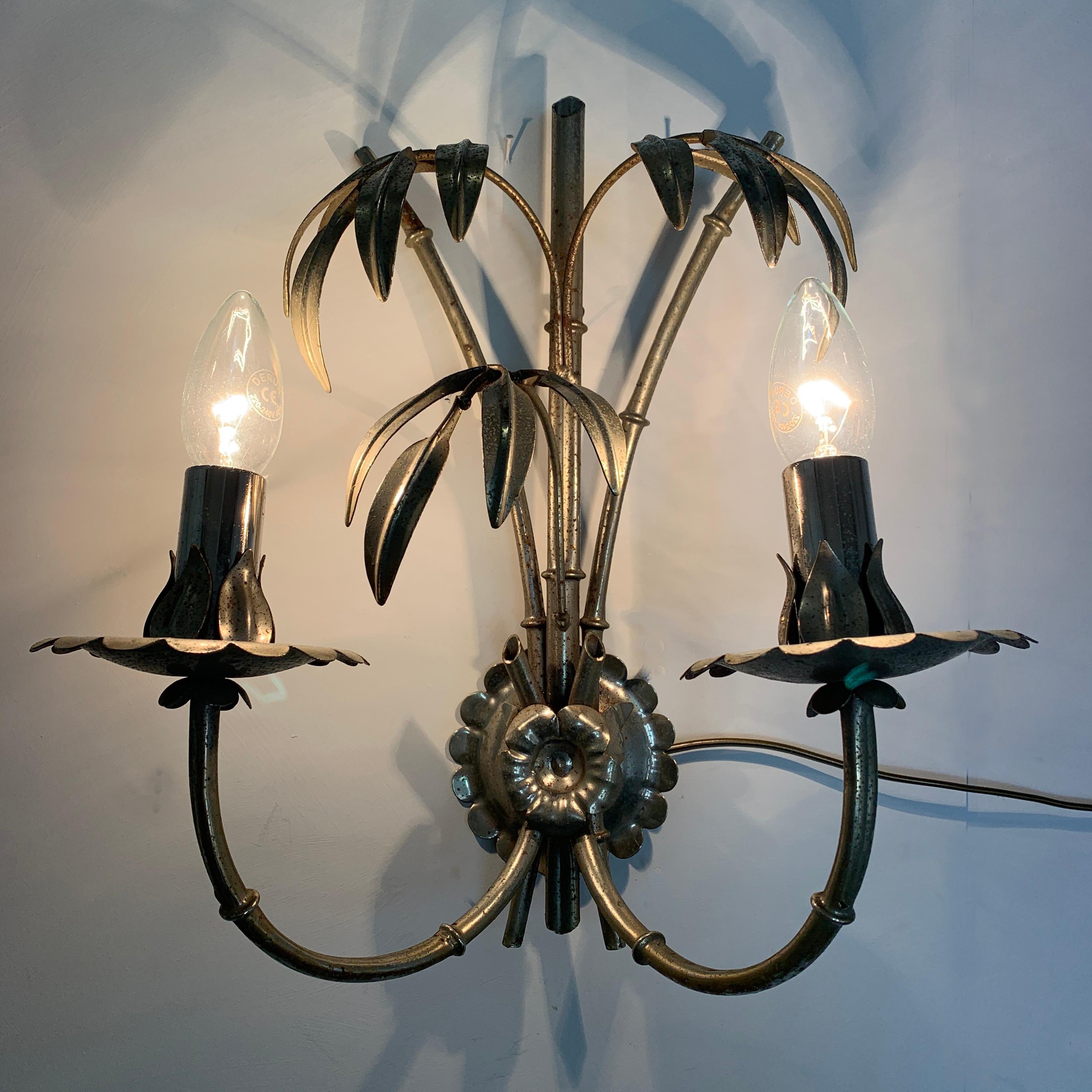 Mid-Century Modern Silver Tone Hans Kogl Bamboo and Palm Leaf Wall Lights For Sale