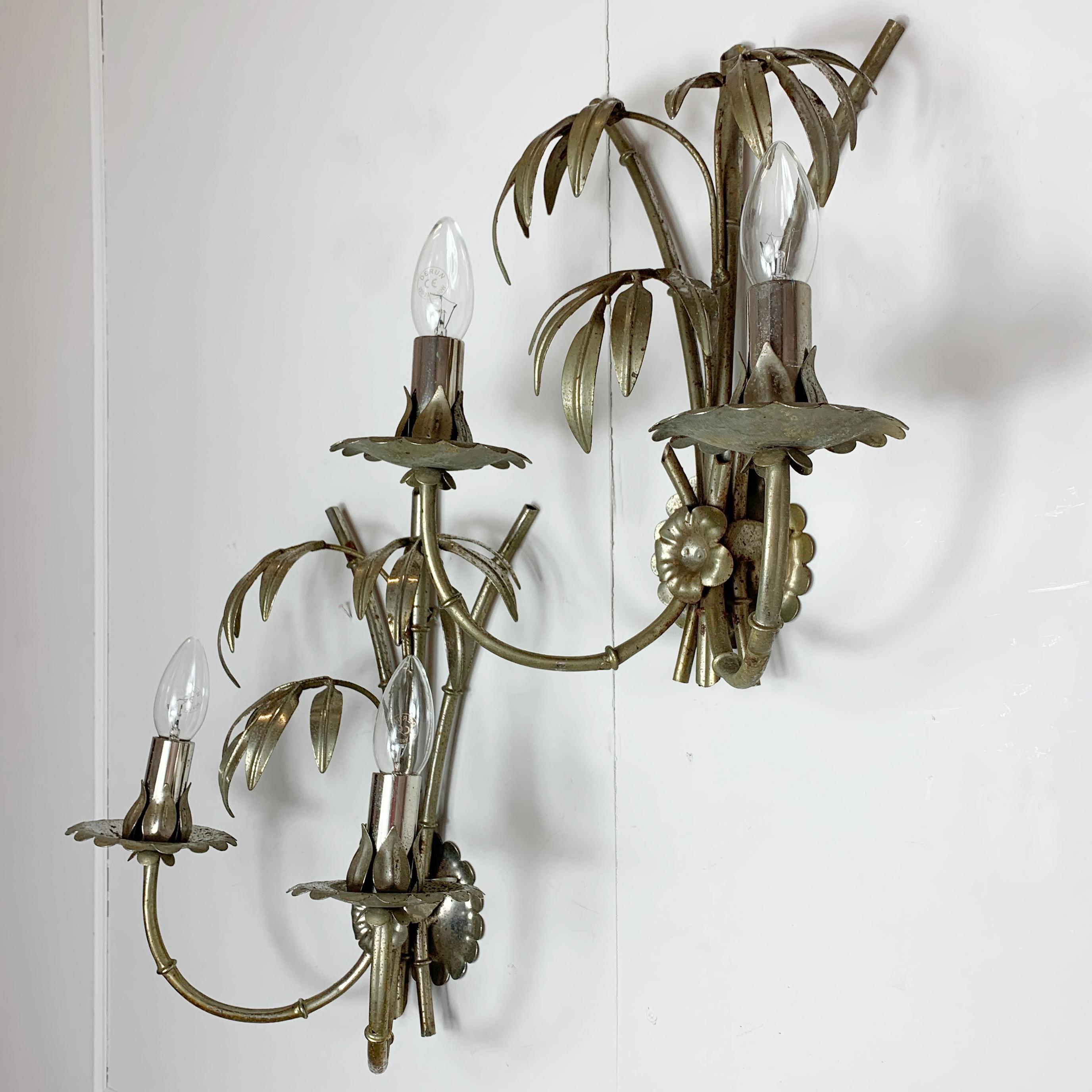 German Silver Tone Hans Kogl Bamboo and Palm Leaf Wall Lights For Sale