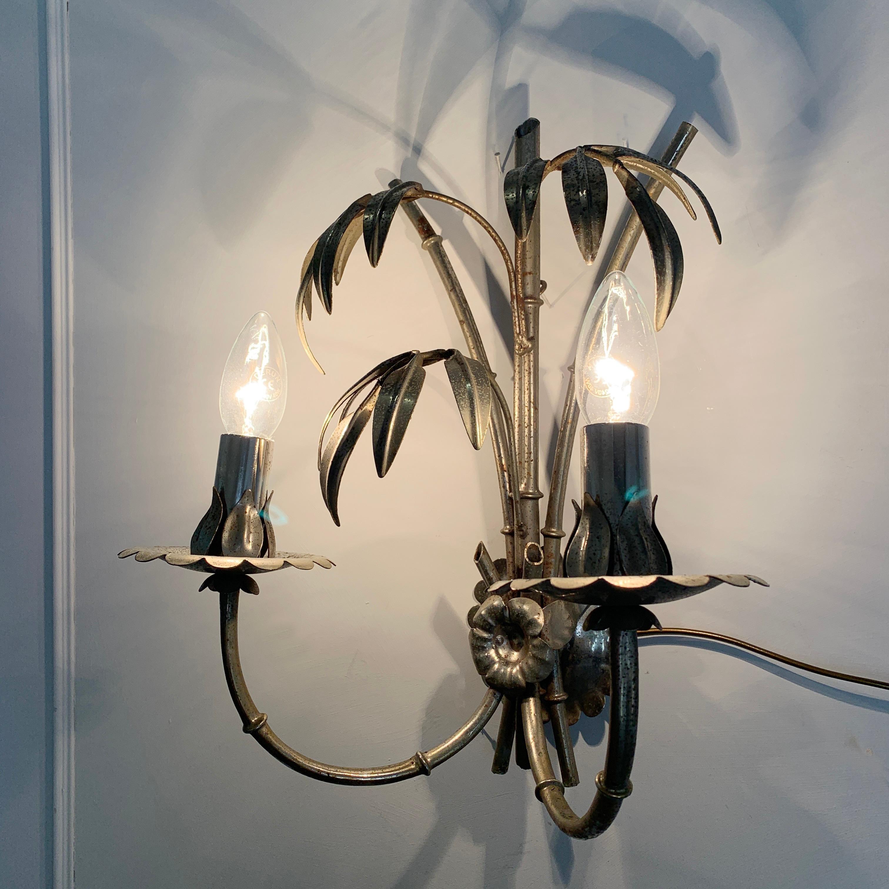 Silver Tone Hans Kogl Bamboo and Palm Leaf Wall Lights In Good Condition For Sale In Hastings, GB