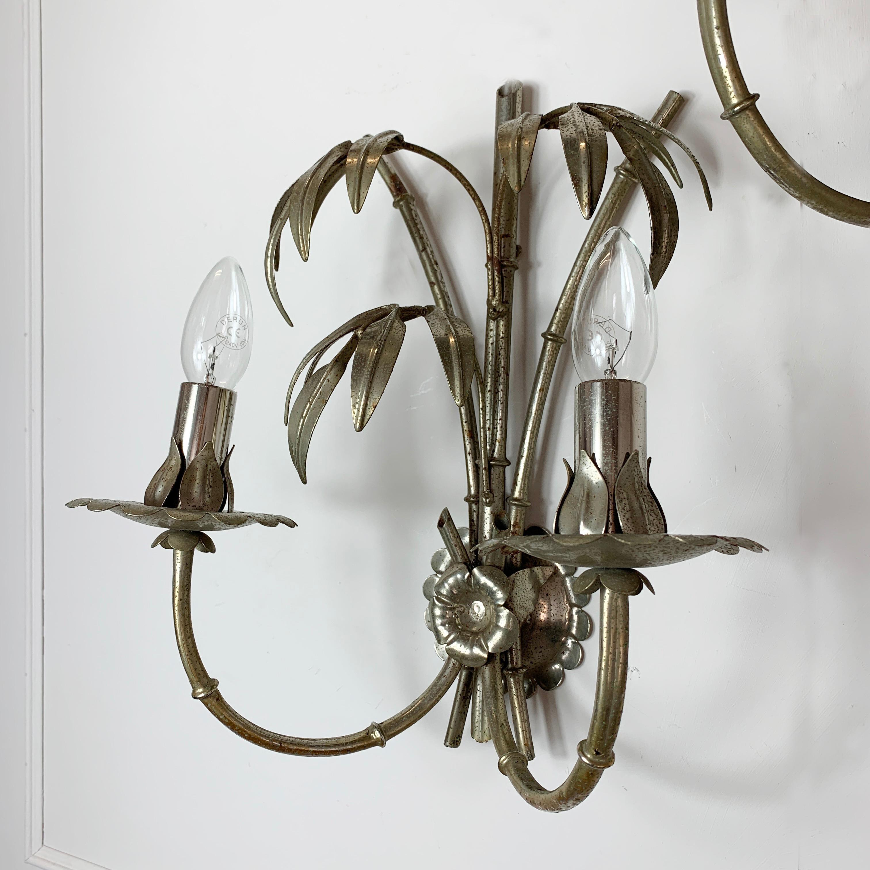 Late 20th Century Silver Tone Hans Kogl Bamboo and Palm Leaf Wall Lights For Sale