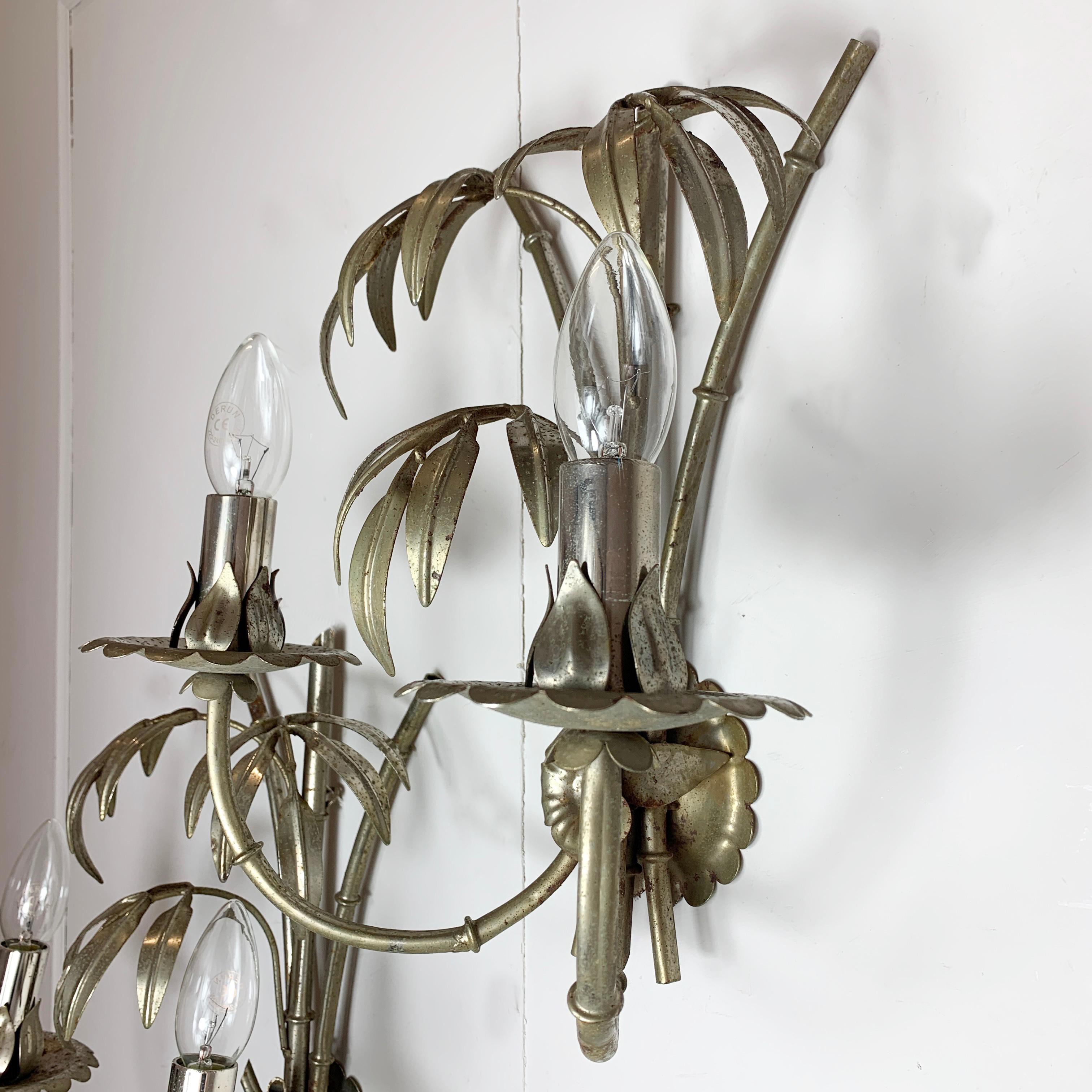 Metal Silver Tone Hans Kogl Bamboo and Palm Leaf Wall Lights For Sale