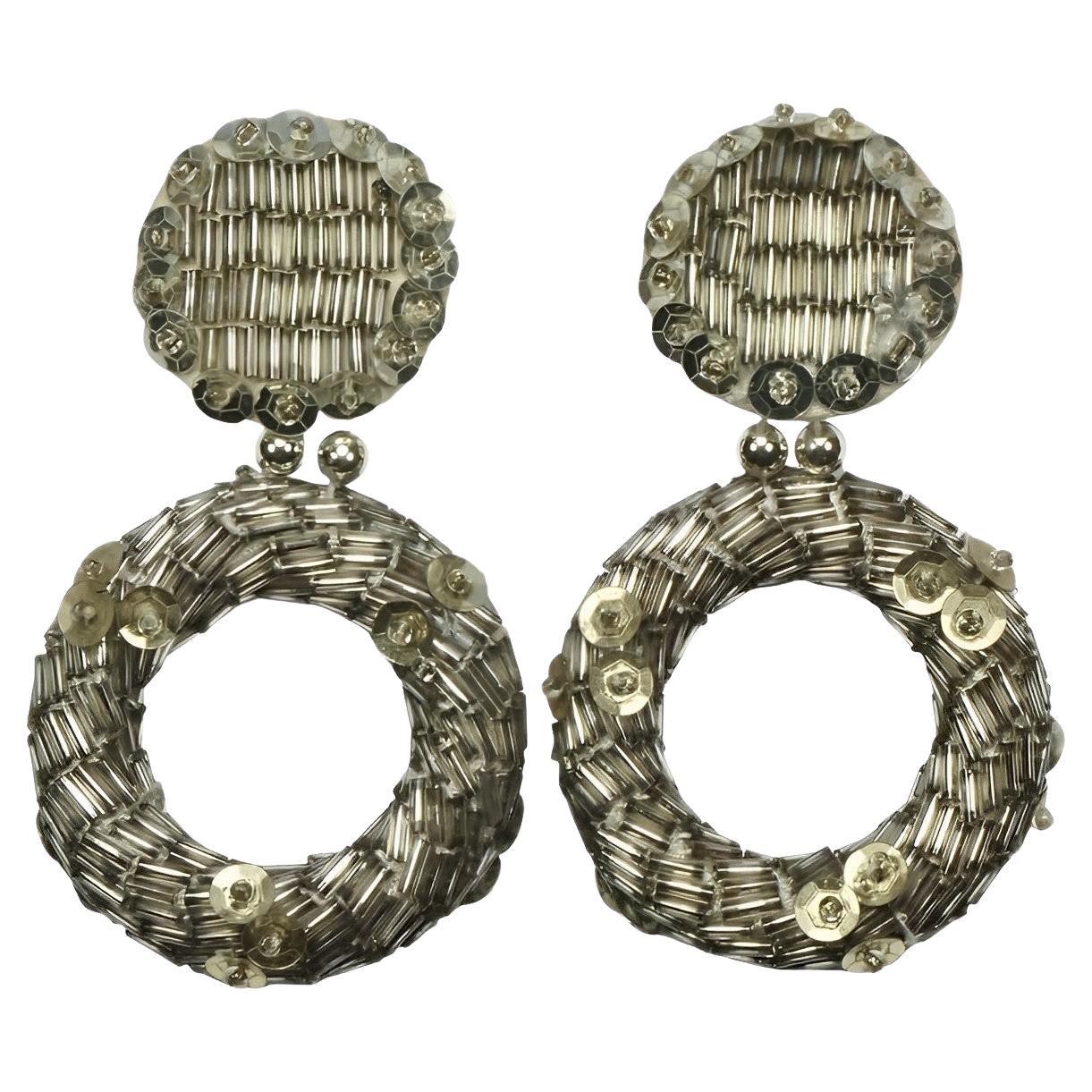 Silver Tone Hoop Clip Earrings with Silver Glass Beads and Silver Sequins 1960s