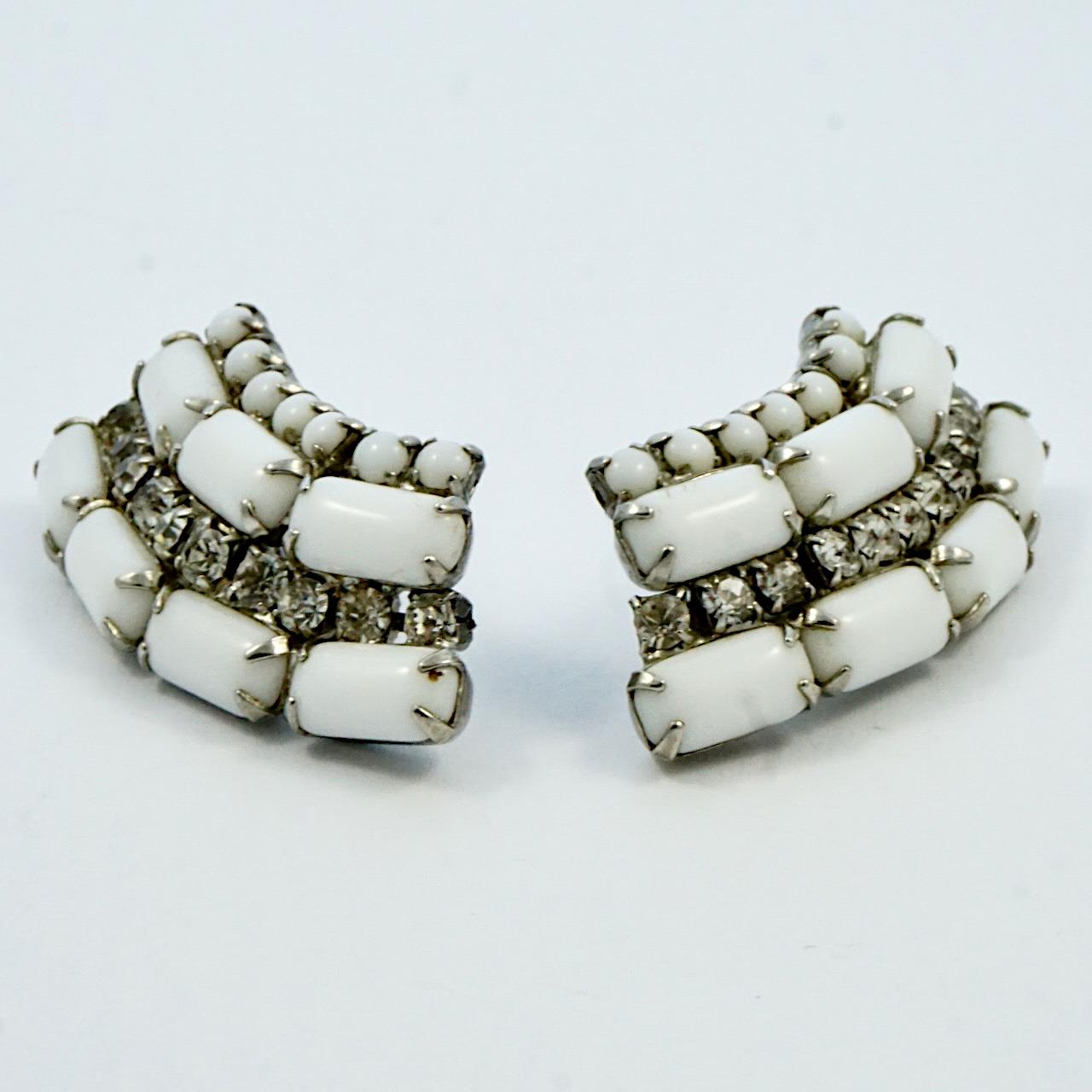 Women's or Men's Silver Tone White Milk Glass and Rhinestone Clip On Climber Earrings circa 1950s For Sale