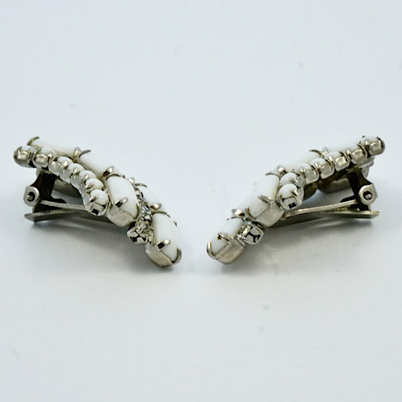 Silver Tone White Milk Glass and Rhinestone Clip On Climber Earrings circa 1950s For Sale 1