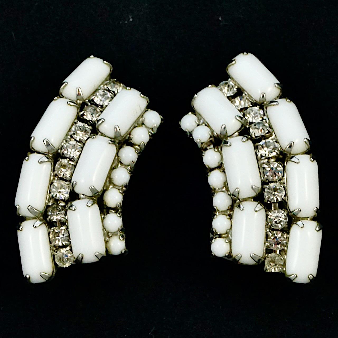 Silver Tone White Milk Glass and Rhinestone Clip On Climber Earrings circa 1950s For Sale 2
