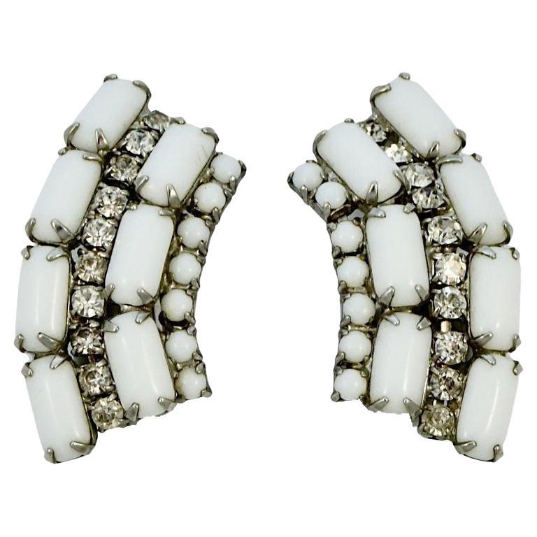Silver Tone White Milk Glass and Rhinestone Clip On Climber Earrings circa 1950s For Sale