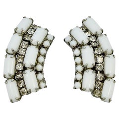 Vintage Silver Tone White Milk Glass and Rhinestone Clip On Climber Earrings circa 1950s