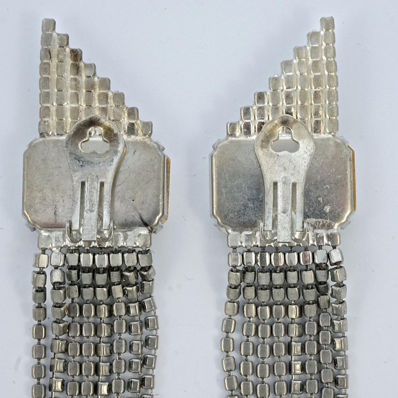 Women's or Men's Silver Tone Rhinestone Chandelier Cocktail Clip On Earrings circa 1980s For Sale