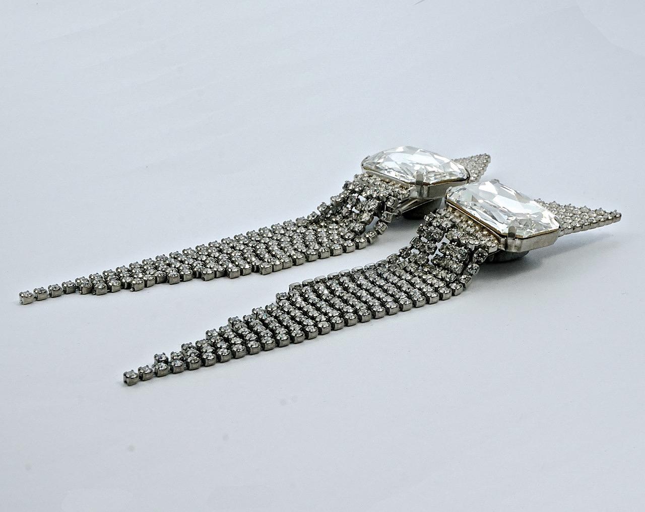 Silver Tone Rhinestone Chandelier Cocktail Clip On Earrings circa 1980s For Sale 1