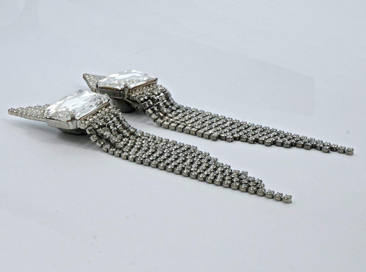 Silver Tone Rhinestone Chandelier Cocktail Clip On Earrings circa 1980s For Sale 2