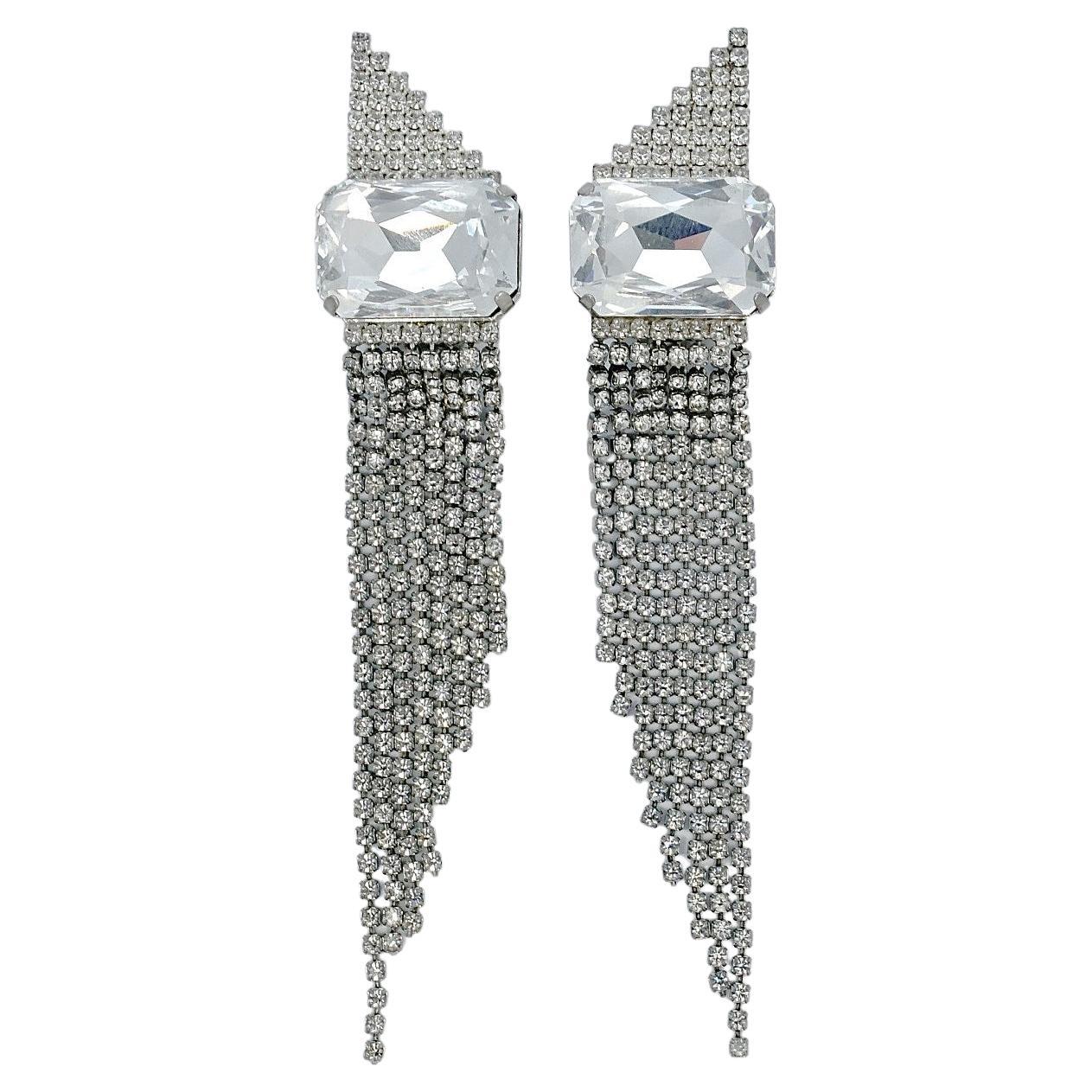 Silver Tone Rhinestone Chandelier Cocktail Clip On Earrings circa 1980s For Sale