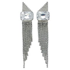 Silver Tone Rhinestone Chandelier Cocktail Clip On Earrings circa 1980s