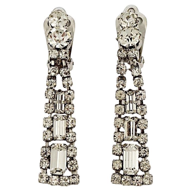 Silver Tone Rhinestone Drop Clip On Earrings circa 1950s For Sale