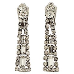 Vintage Silver Tone Rhinestone Drop Clip On Earrings circa 1950s