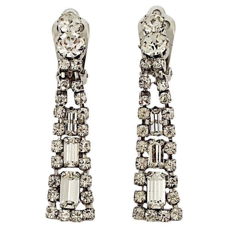Silver Tone Rhinestone Drop Clip On Earrings circa 1950s For Sale at 1stDibs