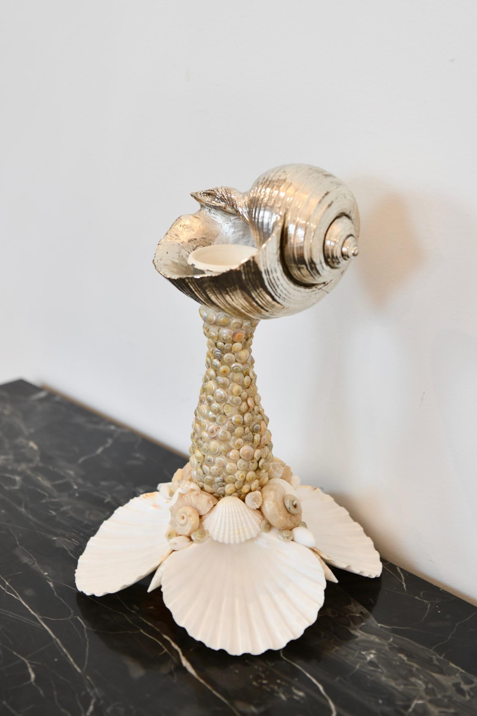 Coral Silver Tone Seashell Candlestick For Sale