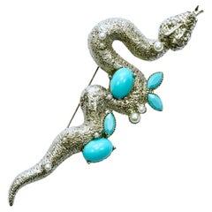 Vintage Silver Tone Textured Snake Brooch with Faux Pearl and Faux Turquoise Detail